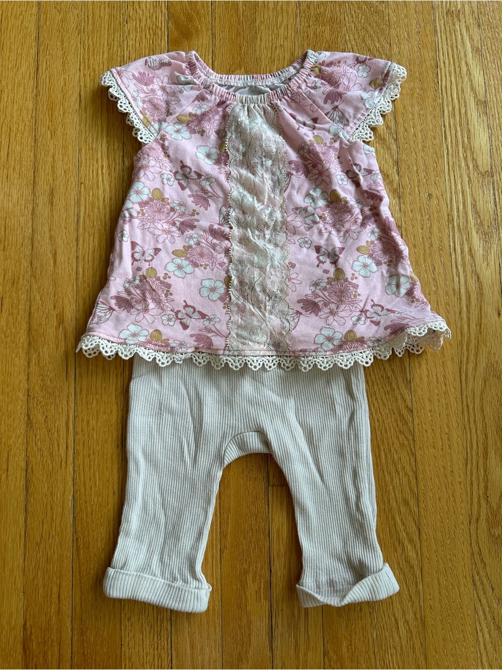 MONKEY BARS - Pink Floral Lace-Trim Baby Top and Cream Leggings Set